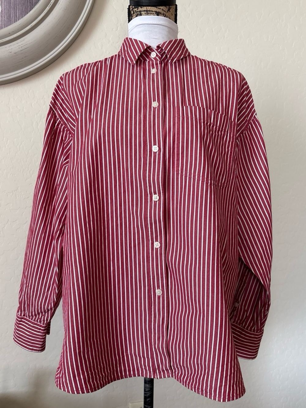 J. Crew Women's White/Red Stripe Oversized Etienne 100% Cotton Poplin Shirt M